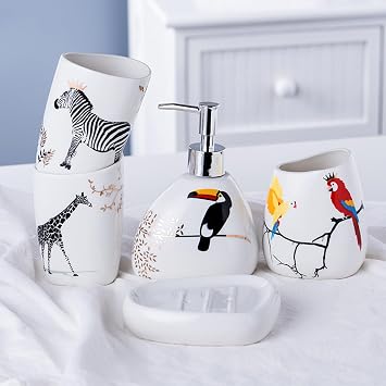 Animal Bathroom Amenity Accessory Set Included Dispenser, Soap Tray, Toothbrush Holder and Tumbler Ceramic Decor Gift,5pcs