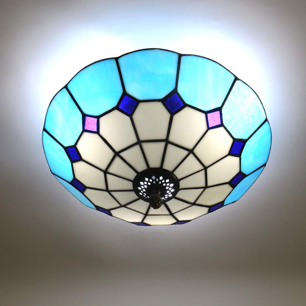 Skyweel Tiffany Style Ceiling Light Stained Glass Ceiling Light Flush Mount Chandeliers Lighting Fixture Lamps (12 Inch Blue B)