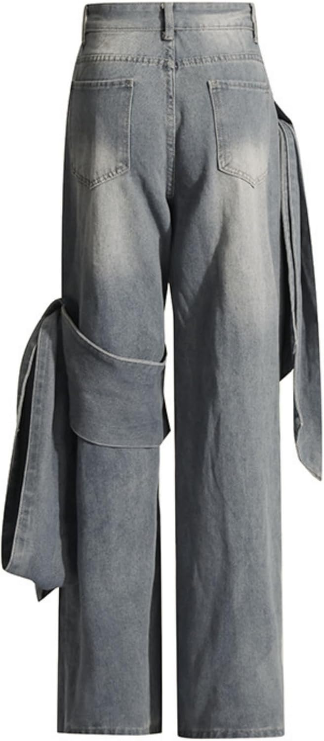 Vaceky Bow Tie Jeans Women Y2K High Waisted Straight Leg Trendy Denim Pants