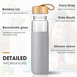 Yomious 25 Oz Borosilicate Glass Water Bottles with Silicone Sleeve BPA Free, Dishwasher Safe - Reusable Clear Glass Drinking with Leak Proof Bamboo Lid | Perfect Gym Water Bottles for Men & Women
