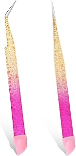 2 Pcs Double Ended Nail Tweezers, Stainless Steel Straight & Curved Tip Craft Tweezers with Silicone Pressing Head for Nail Stickers Jewel Gem Rhinestone Picker Tool