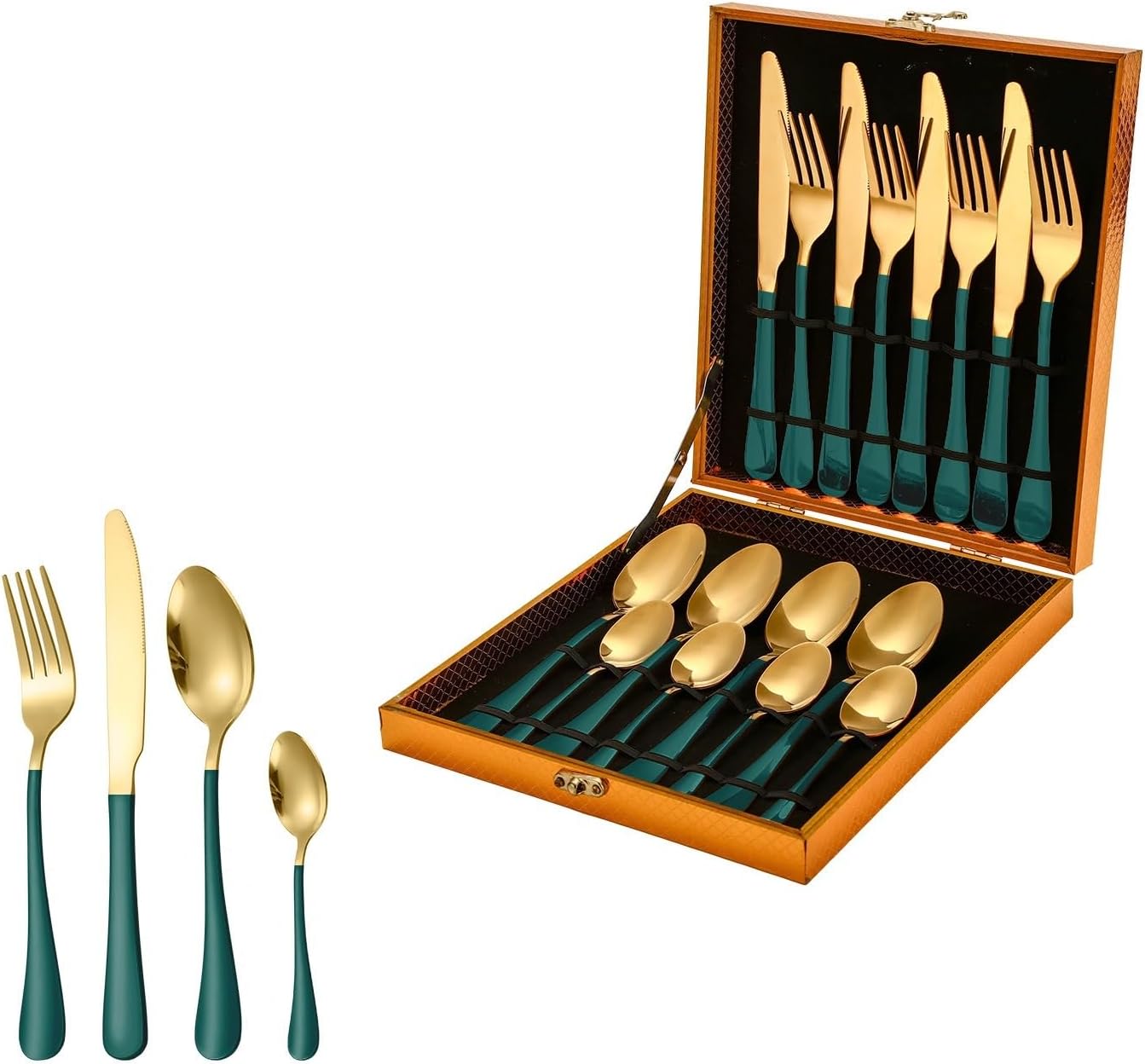 Silverware Flatware Set, 16-piece Stainless Steel Cutlery Set Wooden Box Four Main Pieces For 4 People Hotel Home Steak Knife Fork Spoon(Black Gold)