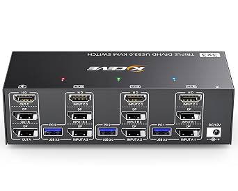 KVM Switch 3 Monitors 3 Computers 8K@60Hz, Camgeet HDMI+2 Displayport KVM Switch Triple Monitor for 3 Computer Share 3 Monitor and 4 USB3.0 Devices,Wired Remote and 12V Power Adapter Included