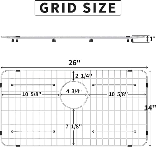Vista 2 de Rejilla de fregadero de acero inoxidable y protectores para la parte inferior del fregadero de cocina, 26 x 14 pulgadas con drenaje trasero