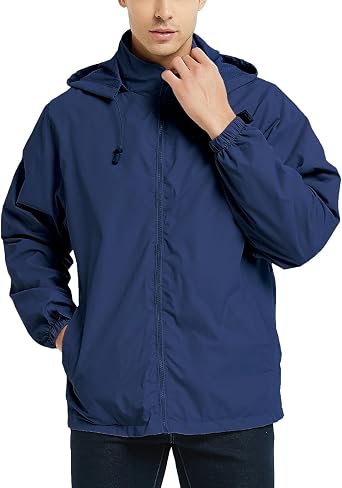 Mywu Men's Water-resistant Rain Jacket Lightweight Windbreaker Hooded Rain Coat for Adults Outdoor Hiking Camping