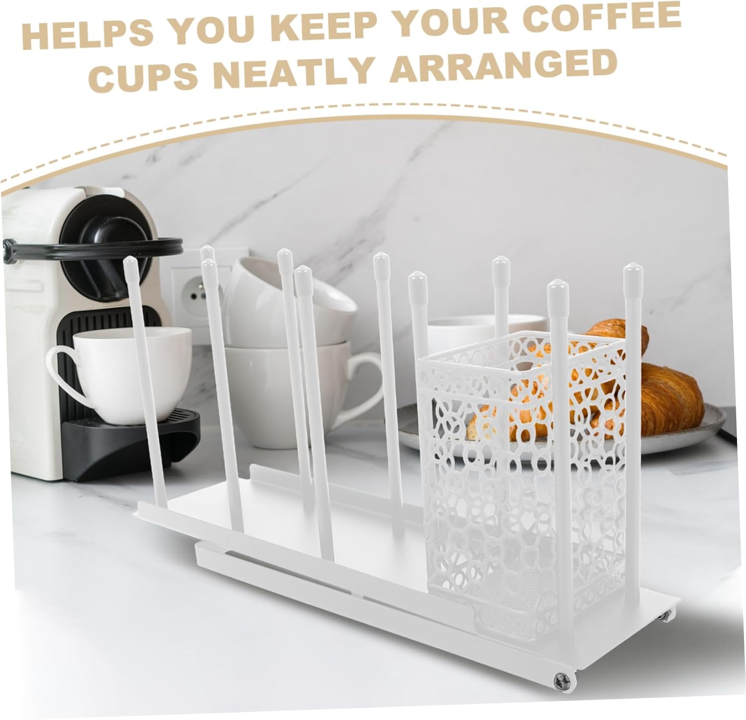 Adjustable Coffee Cup Rack Organizer Cup Dispenser Stirrer and Straw Holder Countertop Bar Accessory for Kitchen