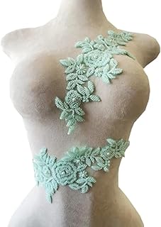 PLune Lace Beaded Applique Perfect Shining Trim Patches for Wedding Dress Clothing Accessories one Pair/Bag 5.5X12.9inches (Green)