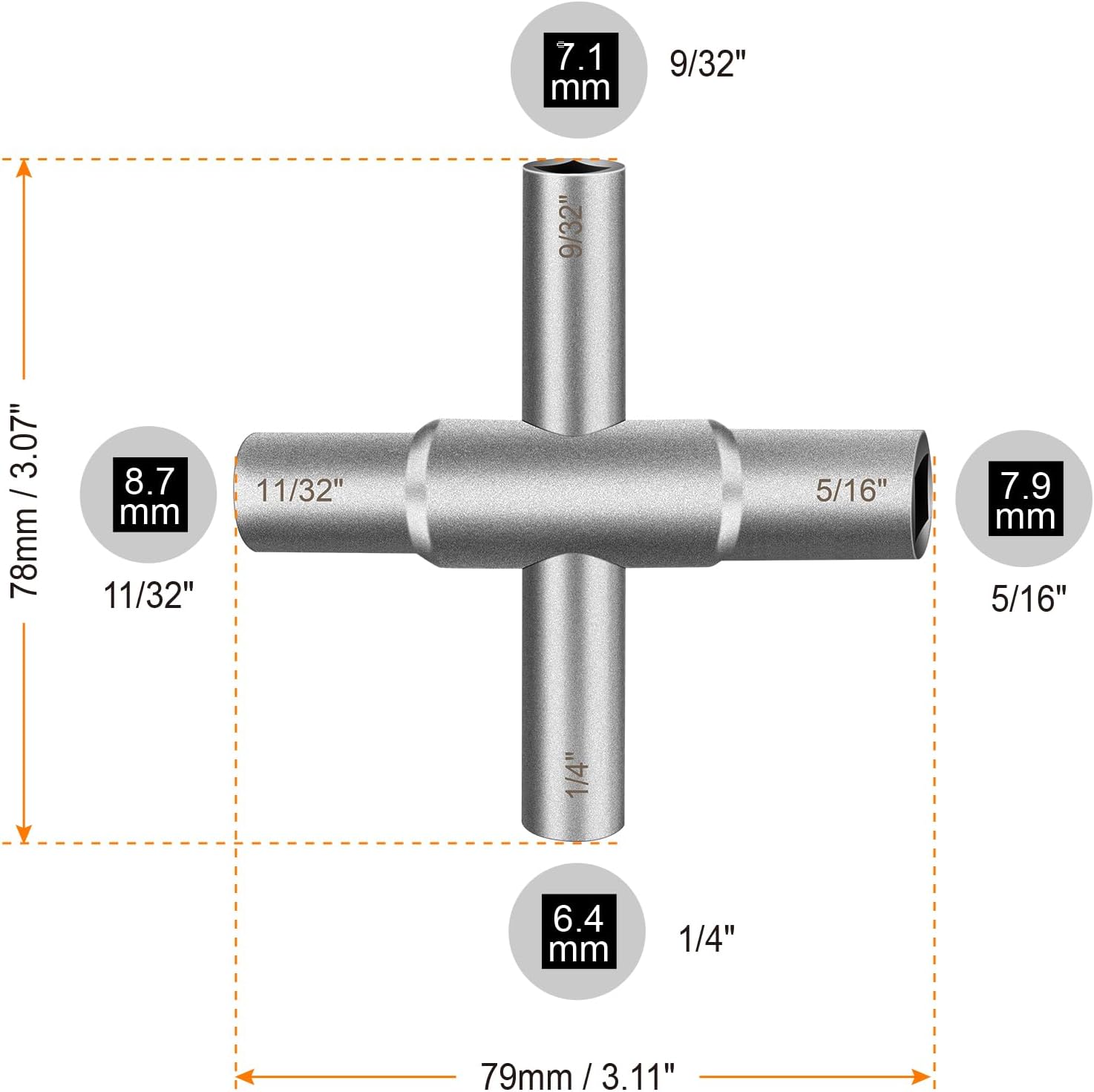 2 Pack 4 Way Sillcock Water Key, Universal Utility Key with 1/4", 9/32", 5/16", 11/32" Sockets for Spigot, Water Valve, Hose Bib, Emergency Plumbing Tool