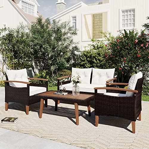 Merax Patio Furniture Sets 4 Pieces, All Weather Outdoor PE Rattan Sofa ...