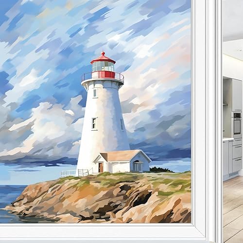 Miniatura 16 de Lámina abstracta retro de acuarela para ventana de vidrio con diseño de faro, diseño náutico, para privacidad en el océano, no adhesiva, para baño