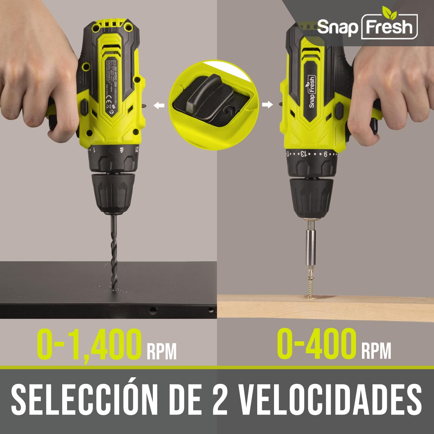 SnapFresh Taladro Atornillador a Batería 20V, 35Nm, 21+1 Par, 2 Velocidades, Taladro Eléctrico sin Cable con LED, 43 Accesorios, Batería 2.0Ah y Cargador Rápido, Ligero para Hogar y Bricolaje