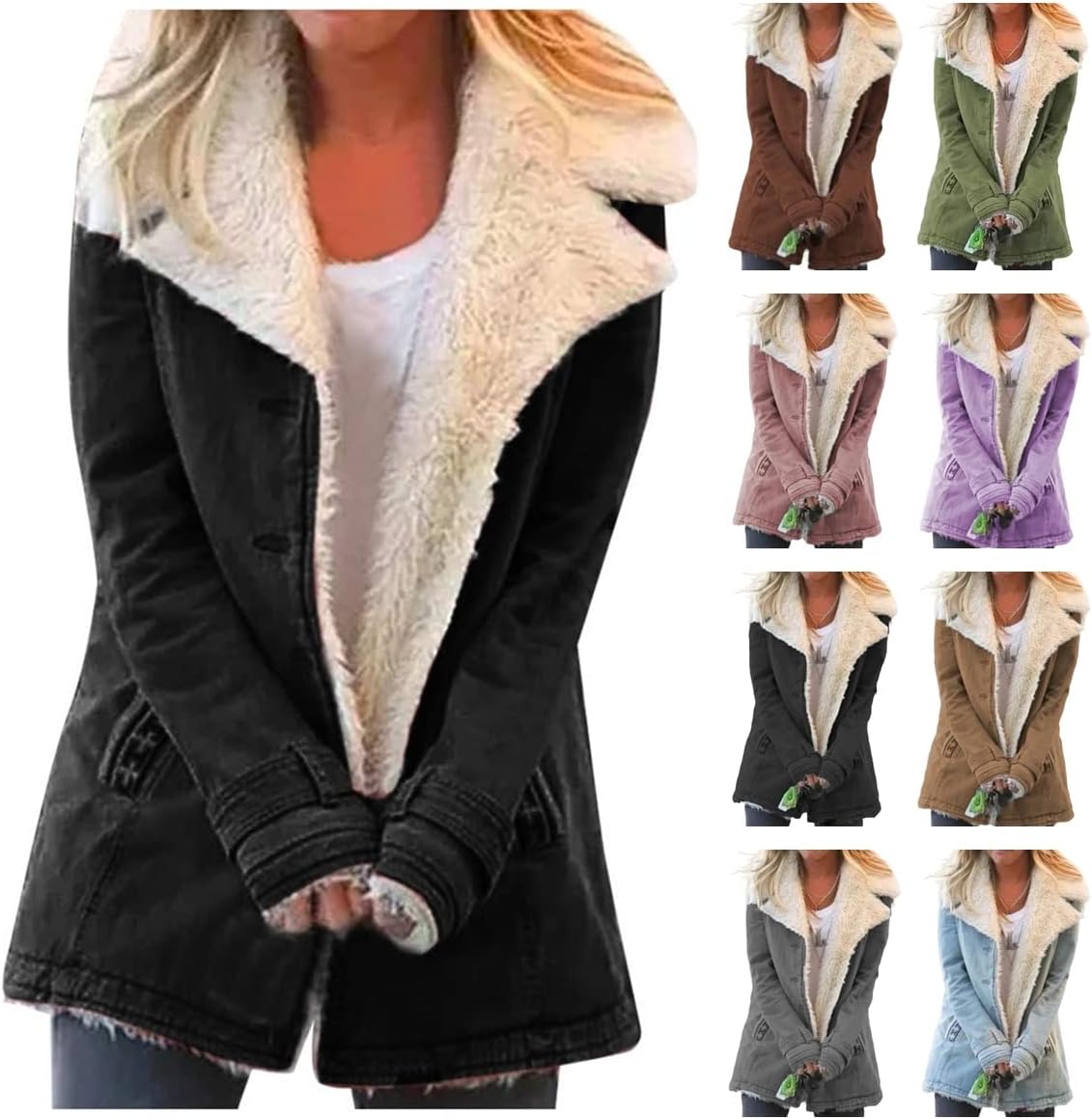 Winter Coats for Women Fleece Lined Denim Jacket Lapel Collar Warm Plush Sherpa Padded Jacket Buttons Overcoat Outwear
