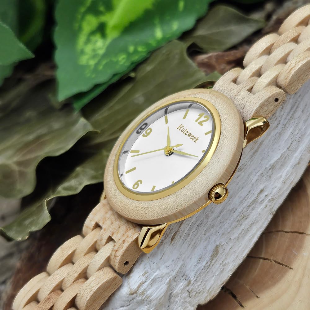 Holzwerk Germany Handgefertigte Designer Damen Uhr Öko Natur Holzuhr Braun Gold Rot Holz Armband Analog Klassisch Quarz