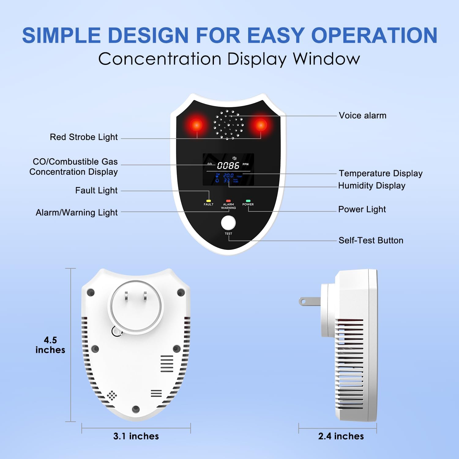 4-in-1 Natural Gas & Carbon Monoxide Detector Plug-in, Gas Leak & CO Alarm with 85dB Alert, Temperature & Humidity Display, for Home & RV Safety Monitor