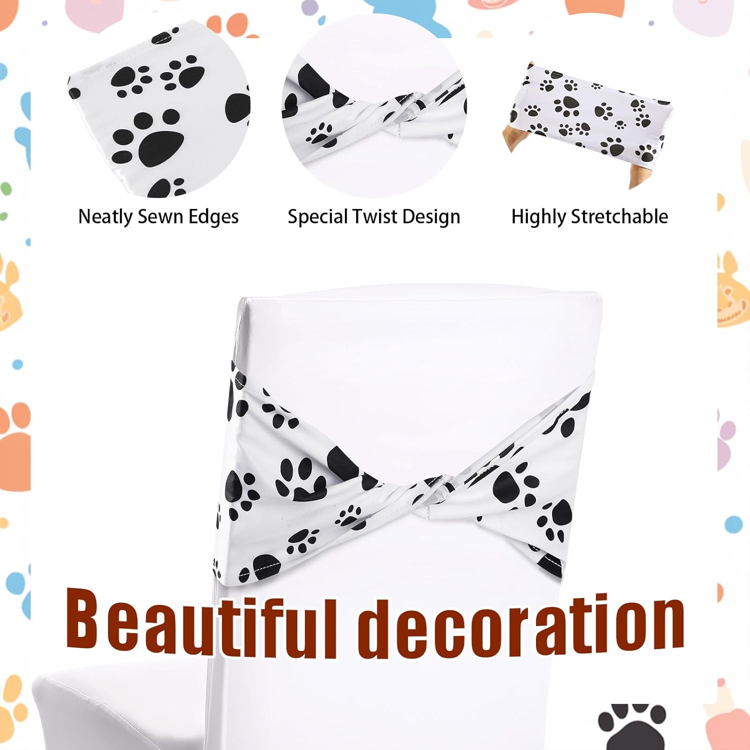 Newwiee 24 Pcs Dog Paw Chair Sashes Spandex Dog Paw Chair Bands Animal Print Elastic Chairs Sashes Bow Polyester Bands Ties Without Buckle for Animal Theme Party Birthday Decor