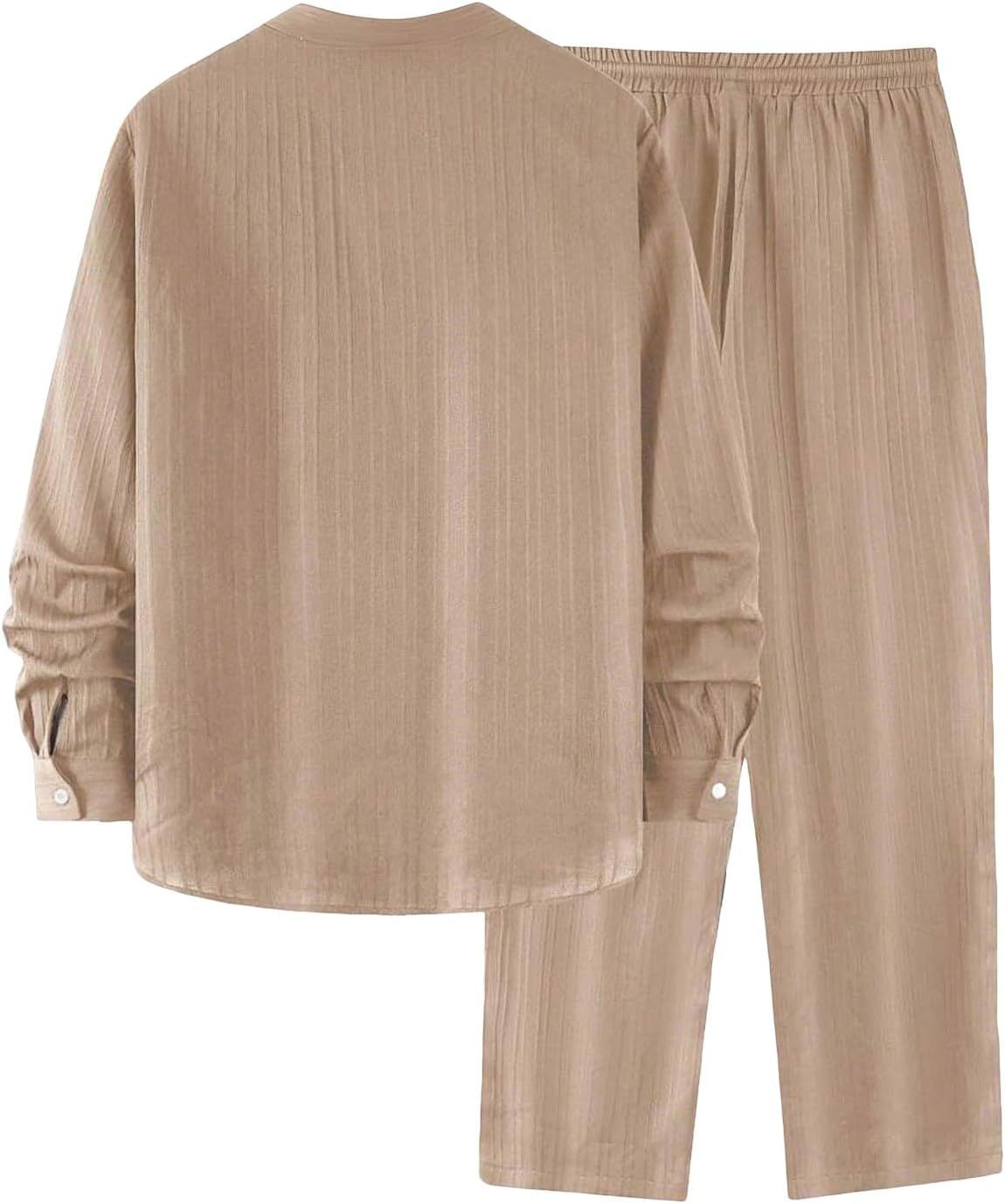 Mens Outfits Two Piece Sets Button Down Long Sleeve Shirts and Wide Leg Trousers with Pockets Loose Casual Clothes