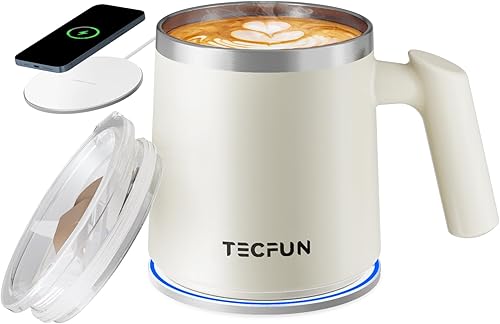 TECFUN Calentador de taza de café, calentador de tazas 2 en 1 y cargador inalámbrico, taza de café de 12 onzas con tapa, calentador de taza de café