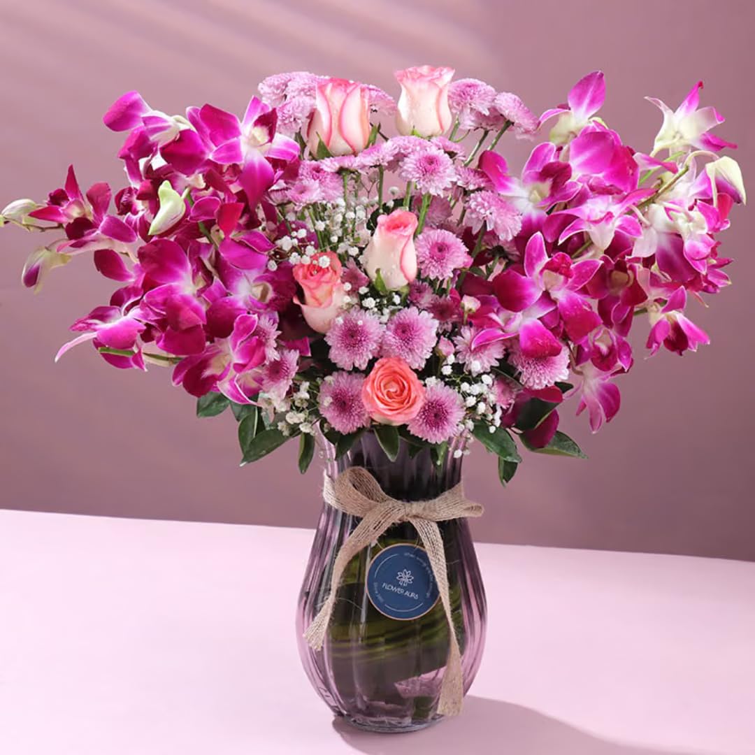 FlowerAura Premium Flower Bouquet of 5 Pink Roses, 1 Daisy & 6 Purple Flowers In Vase For Birthday & Anniversary Gift, Mother's Day Gift, Love & Romance Gift, Father's Day Gift (Same Day Delivery)-image-11