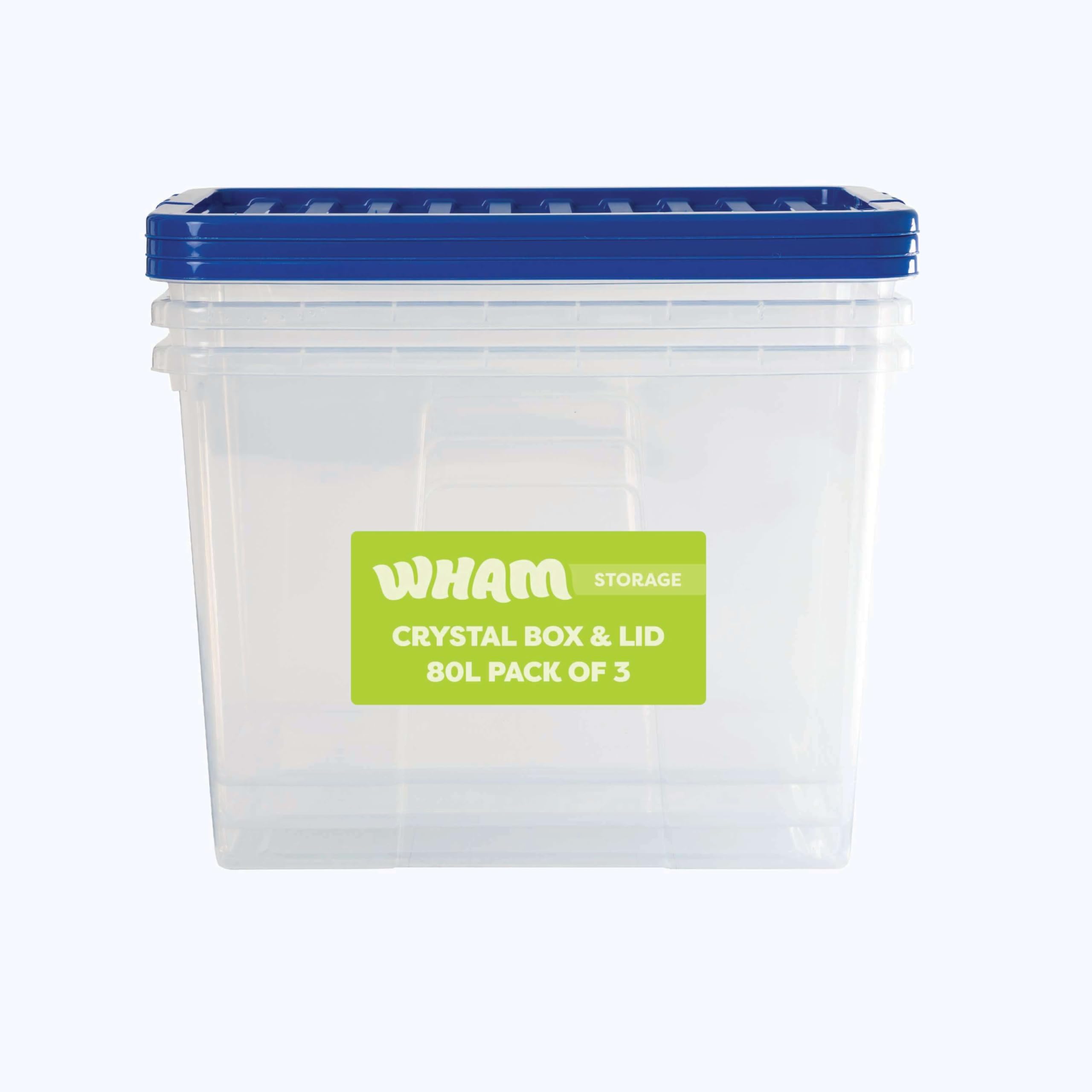 Wham Blue Lid Crystal 80L Stackable Plastic Storage Clear Boxes With Stronger Colour Lids | Ideal For Home, Office, Toys & More | Large Boxes (Pack 3, )