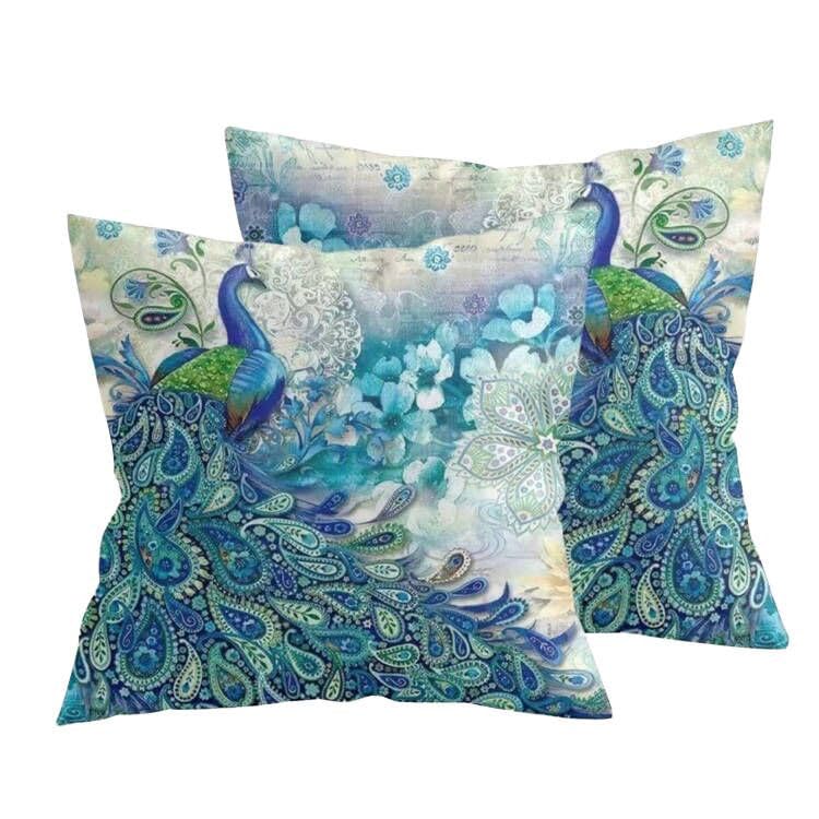 Peacock Cushion Covers - 2PCS Peacock Print,Vintage Turquoise Pillows Teal Cushion Covers 45 X 45cm,Peacocks Feather Pillow Cover Peacocks Decorations for Home Sofa Couch Bed Decor,Bohemian Home Decor