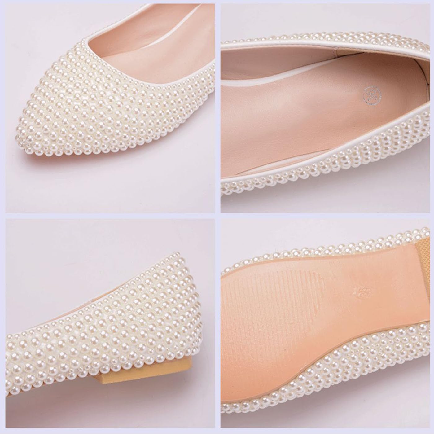 Buty ślubne damskie, eleganckie baletki z perłą, wygodne balerinki ze szpiczastym noskiem,Beige,40