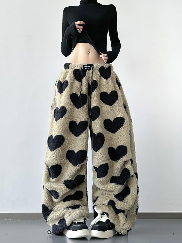 Fuzzy Wide Leg Pants for Women Plush Sherpa Fleece Leopard Print Pants Y2K Streetwear Cheetah Heart Cozy Thermal