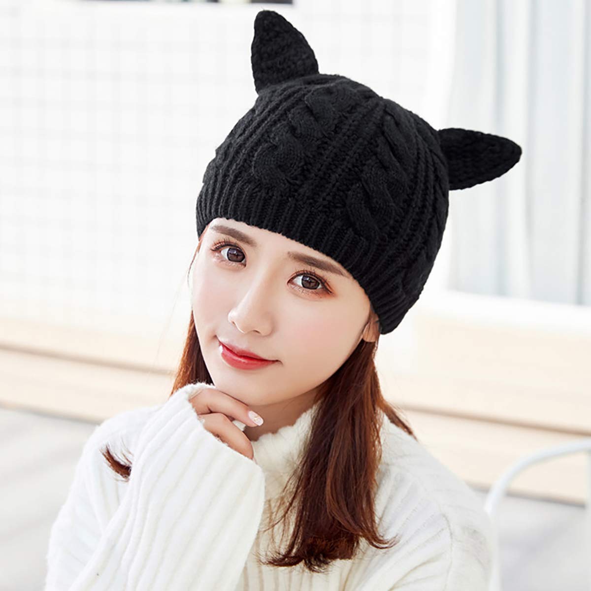 Amazon.com: homeemoh Cat Ears Knitted Woolen Hat, Crochet Cable