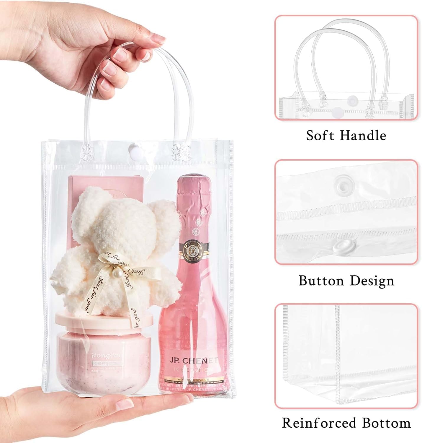 mauproy Paquete de 50 bolsas de regalo de plástico transparente con asas, bolsas de recuerdo de fiesta con cintas y etiquetas, bolsas de regalo reutilizables para bodas, baby shower (6.7 x 9.1 x 2.8