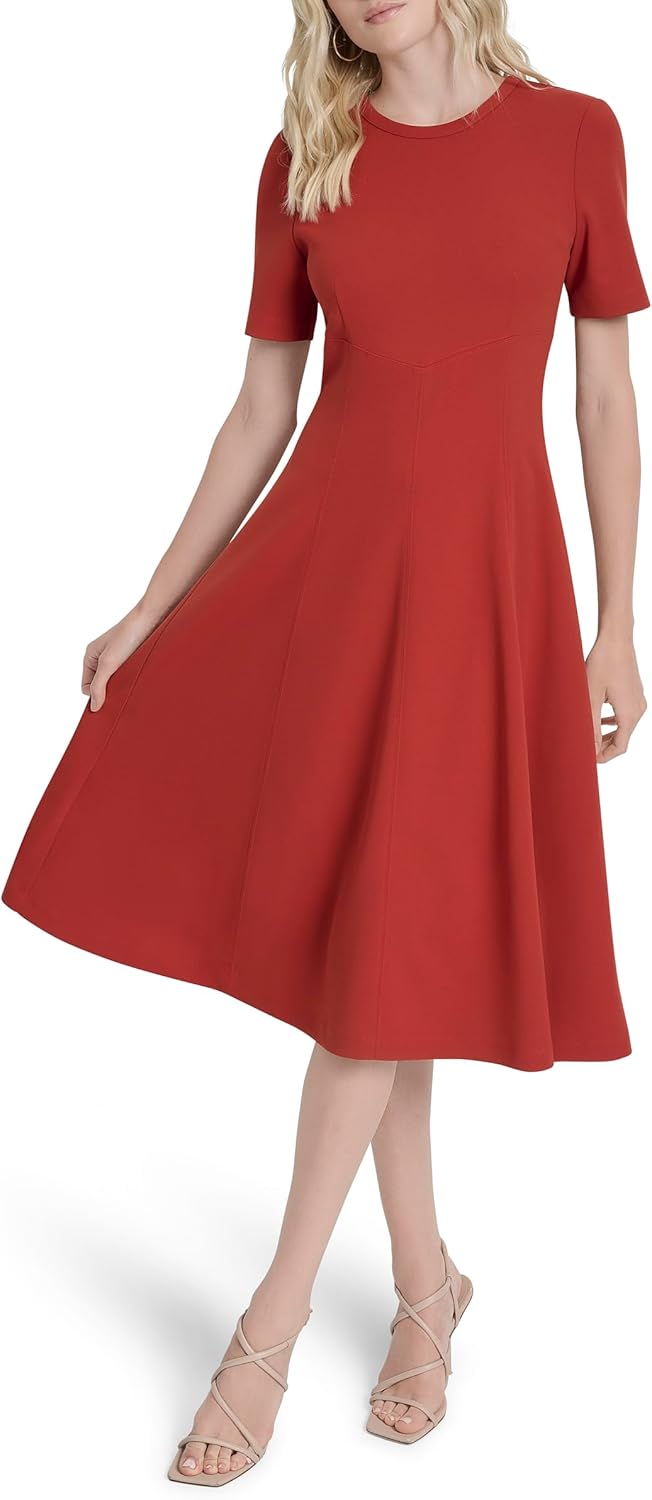 DKNY Womens Short Sleeve Jewel Neck Scuba Crepe Flounce Hem Midi Dress - Image 2