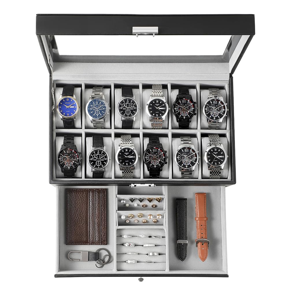 ITNXVKGES Watch Box, 12 Slot Watch Case with Glass Lid, Lockable Double Watch Storage Box with 1 Wrawer for Rings, Earrings, Gift Idea, Black Synthetic Leather, Grey Lining