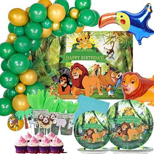 Amazon Com 198 Pcs Lion Birthday Party Supplies Set Cartoon Themed Tableware Plates Cups Napkins Cutlery Jungle Safari Animal Balloons Backdrop For Kids Photo Props Baby Shower Decoration Serves 16 Toys Games