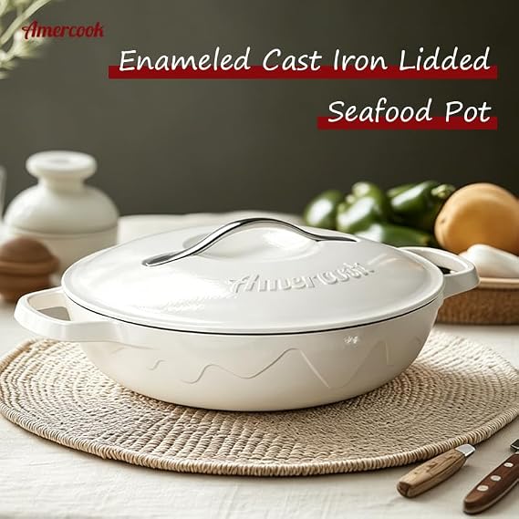 Amercook enamel cast iron cookware, white, 11 inches, suitable for stewing, boiling, braising, and non-stick, compatible with induction cooktops
