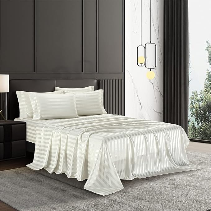 AiMay 6 Piece Satin Italian Style Bed Sheet Set Deep Pocket Striped 1800 Luxury Rich Silk 1 Flat Sheet 1 Fitted Sheet 4 Envelope Pillowcases Stain-Resistant Wrinkle Free (Queen,Off White)