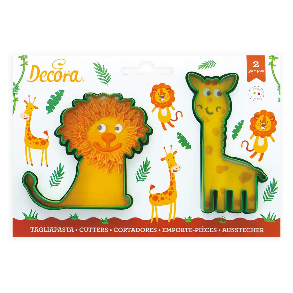 Decora 0255201 Set 2 Tagliapasta Giraffa E Leone In Plastica, Il Kit Ideale per Creare Decorazioni in Pasta di Zucchero o di Gomma, Made in Italy, Design originale. Confezione da 2 pezzi.