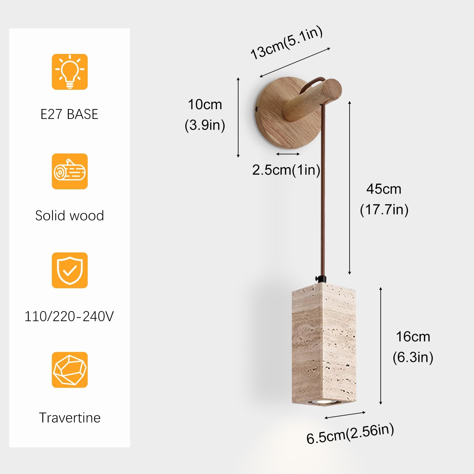 Apliques de Pared Modernos Interior Lámpara de Pared de Piedra Natural con Base de Madera Japonés Travertino Amarillo Altura Ajustable para Dormitorio Mesita de Noche O Pasillo (Color Madera)