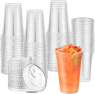VCKK 24oz 100 PACK Ultra Clear Disposable Plastic Cups with Strawless Lids, To Go Cups for Iced Coffee, Smoothie, Milkshake, Cold Beverage Drinking Cup, Ideal for Cafes, Bistros, Parties