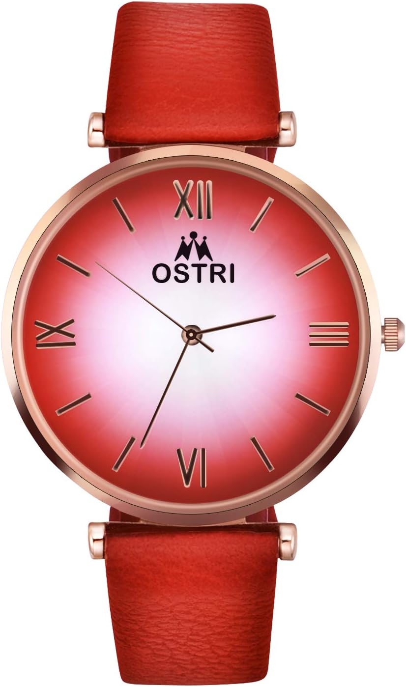OSTRI Women's Red Dial Watches Women Ladies- Dress Party Wristwatch Red Leather Strap Quartz Rose Gold Metal