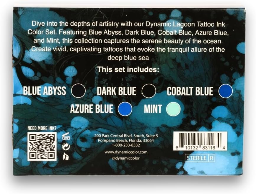 Dynamic Color Co- Tattoo Ink Set: Lagoon - Dive into Brilliance with 5 Vibrant Blue Shades (1 oz Each) from The Platinum Collection. Reach Compliant, Crafted in Spain. Since 1990