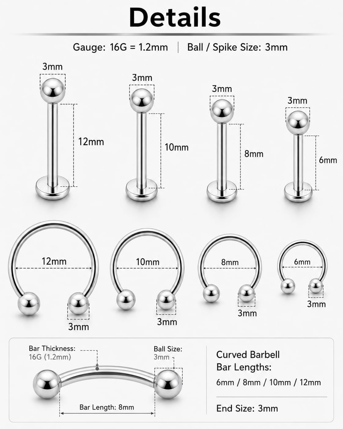 48PCS Lip Rings Piercing Jewelry Set, 16G, 316L Surgical Steel, 6-12mm