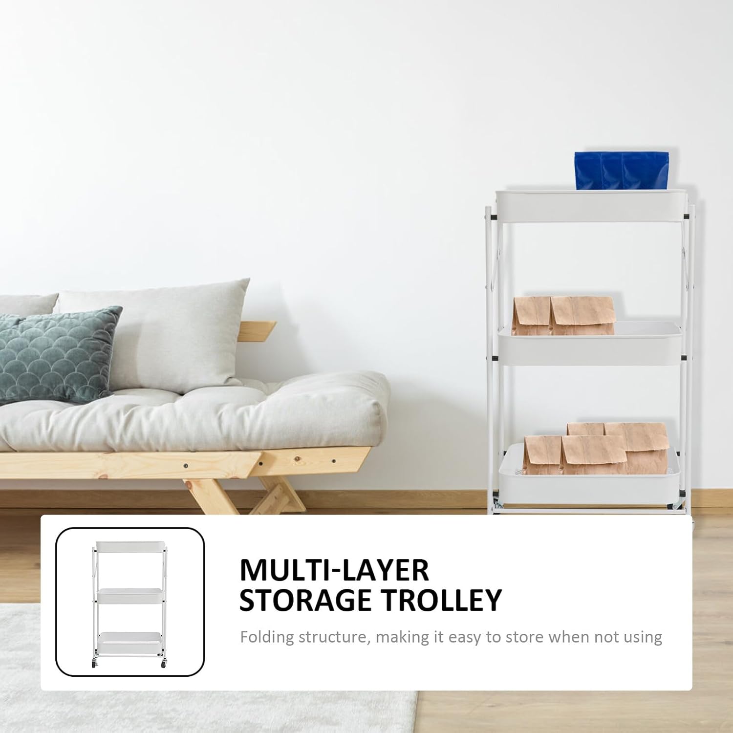 PRETYZOOM Multi-Layer Beauty Salon Storage Trolley Cart with Wheels, Ivory White 3-Tier Portable Tool Organizer, No Assembly Needed, Home Use Sundries Storage Cart for Salon and Household