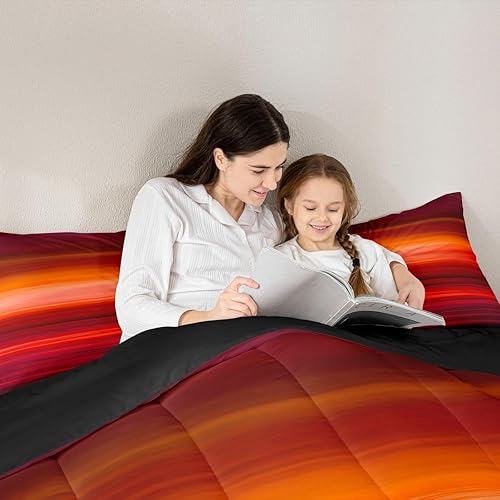 Miniatura 6 de Juego de edredón con estampado rojo, juego de ropa de cama de color atardecer, edredón de rayas exóticas tropicales rojas para niños y niñas, juego