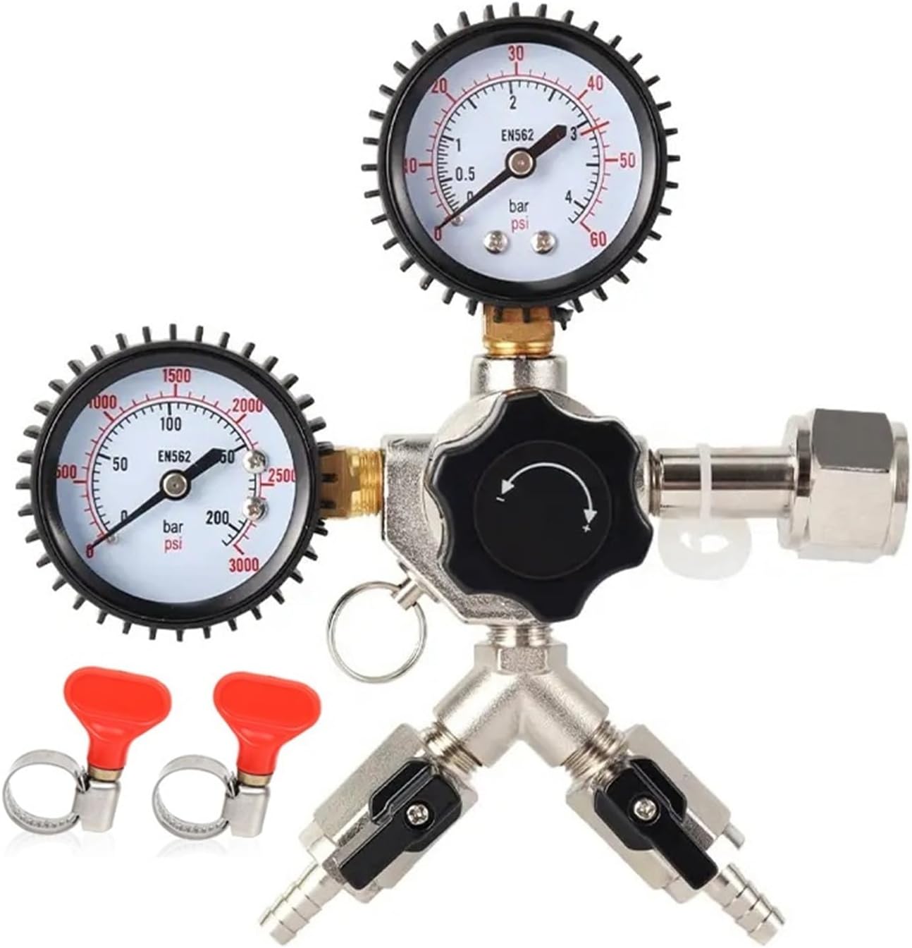 Brewing Accessories Dual Gauge Co2 Regulator,W21.8 Co2 Regulator with Check Valve,Y Splier Co2 Charger for Beer Brewing 0~3000psi, 0~60psi Brewing Accessories