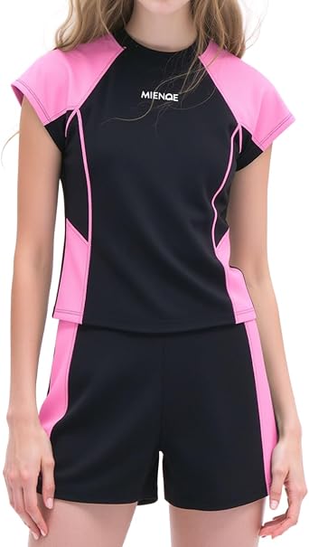 Girls Short Sleeve Rash Guard Two Piece Swimsuit | UPF 50+ Sun Protection | Bathing Suit with Shorts 6-13 Years