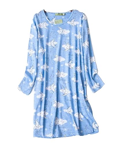 DSJJ Damen Pyjama Langarm Nachthemd Cartoon Blau M Baumwolle Locker Mittlerer Bund Rundhalsausschnitt Casual Frauen Erwachsene Damen Nachthemd Schlafanzug