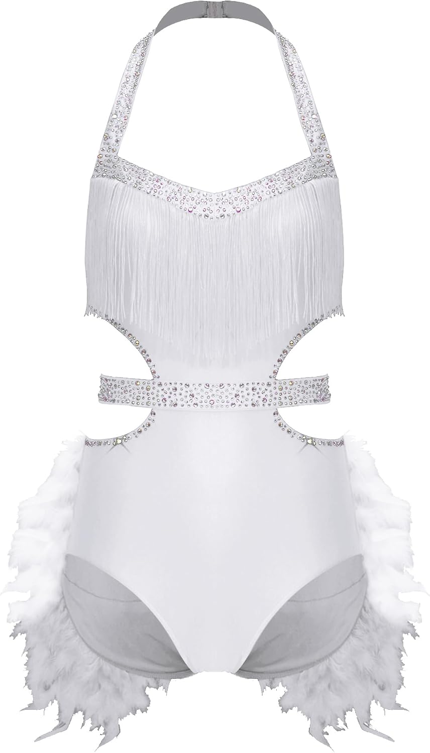 iiniim Womens Glittery Rhinestone Dance Bodysuit with Faux Feather Backless Sleeveless Leotard Jumpsuit