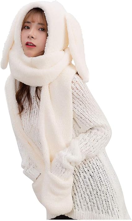 MaNMaNing, Cappello da Donna con Orecchie di Coniglio, Cappello Invernale,  Sciarpa, Guanti, in Pile Spesso, Termico, Multifunzione, Donna, Bianco,  Taglia Unica : Abbigliamento