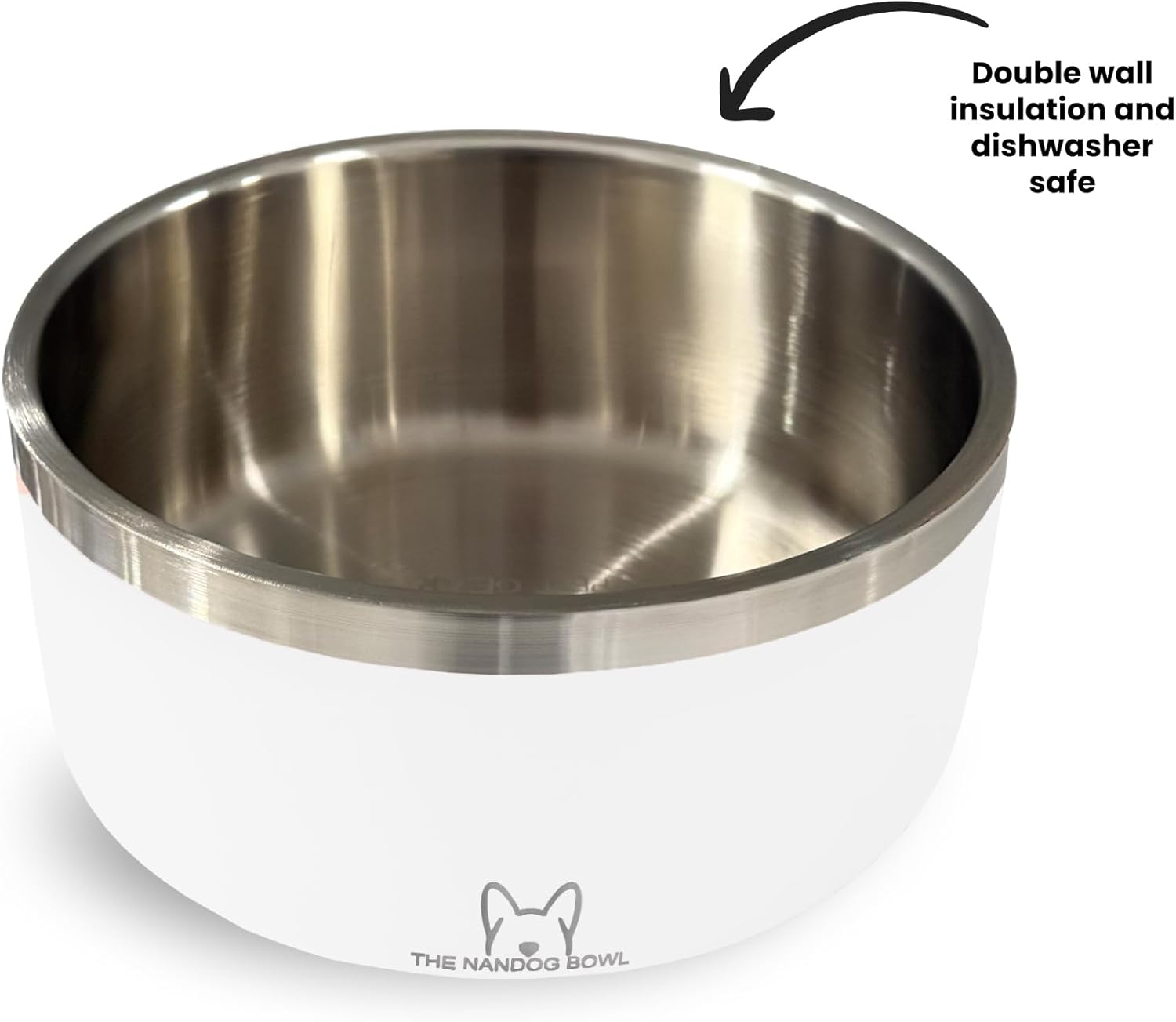 NANDOG Dog Food and Water Bowl with Non - Slip Rubber Base, Metal Insulated Stainless Steel Dog Bowls, Double - Wall, Durable and Dishwasher - Safe for All Dogs (White, Large)