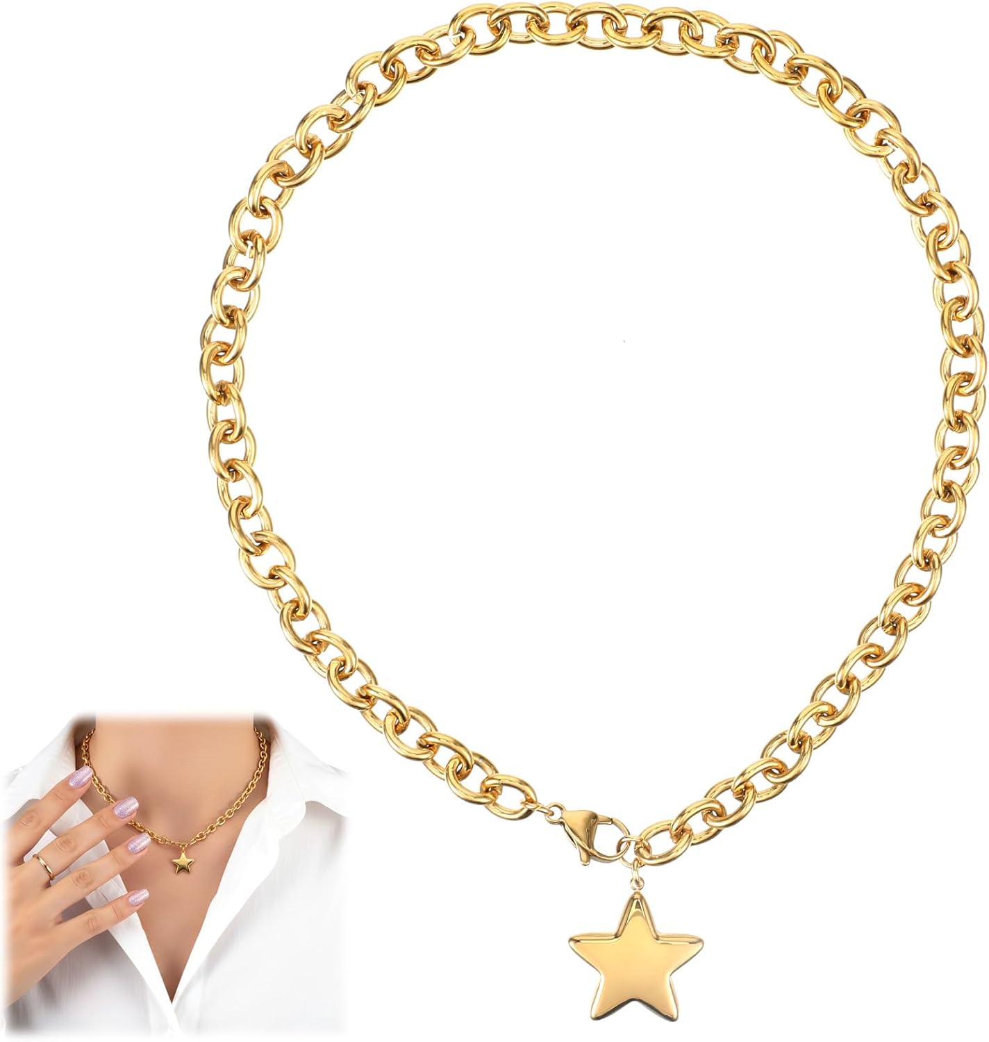 Chunky Gold Star Heart Pendant Necklace for Women Thick Chain Choker Trendy Jewelry Vintage Gold Star Necklace For Gifts On Birthday Holidays - Image 9