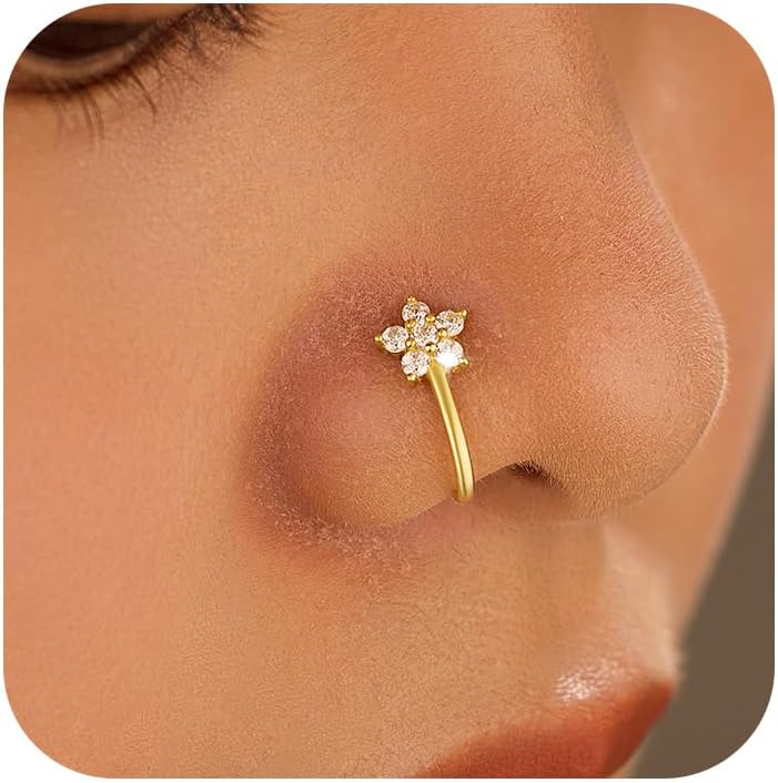 1PC 925 Sterling Silver Fake Nose Ring for Women Flower Leaf Cubic Zirconia U Shaped 14K Gold Plated Lucky Leaf Nose Cuffs Sparkling Non-Piercings Clip On Nose Hoop Body Graduation Wedding Jewelry Gifts