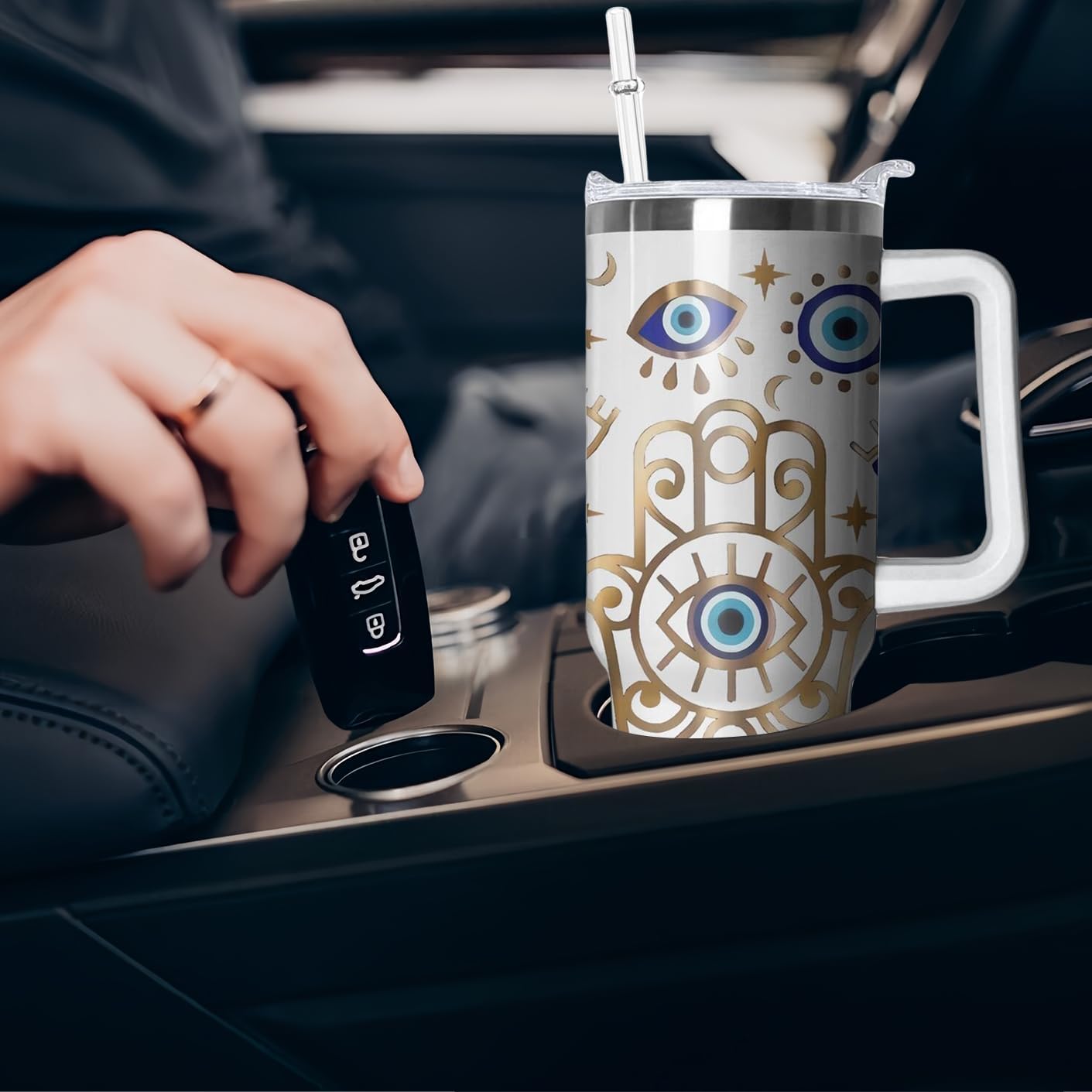 40oz Evil Eye Tumbler with Handle and Flip Straw, Evil Eyes Hand Stainless Steel Insulated Cup, Travel Coffee Mug Water Bottle, Birthday Gifts for Women Men - Image 7